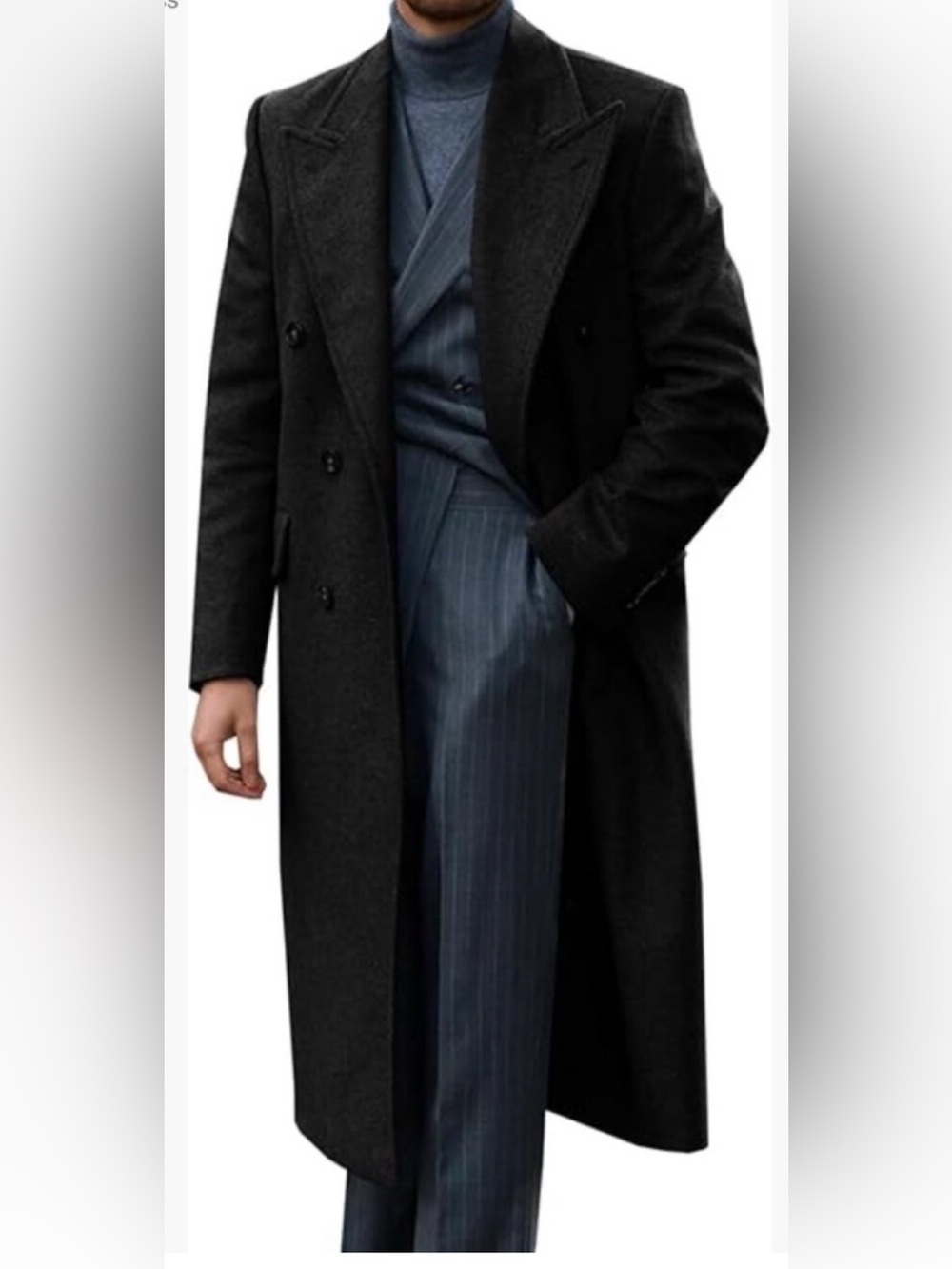 Vintage Lee Lipton Wool Blend Men's Double-Breasted Long Overcoat - Black Sz L